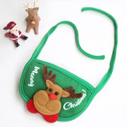 Green adjustable pet bib with cartoon reindeer, red nose, and Merry Christmas text for dog and cat holiday costume.